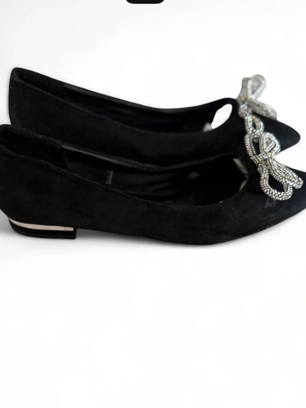 Jones New York Black Suede Pointed Flats with Crystal Bow Accent